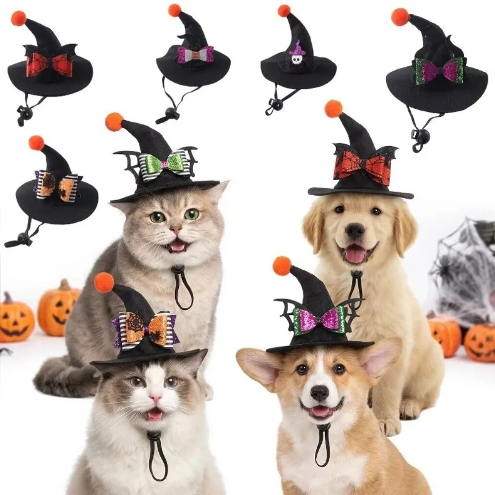 Adjustable Strap Pet Halloween Witch Hat Pointed Brim Sequin Bowknot Dog Halloween Party Hat Lightweight Fit Pom Pom Ball