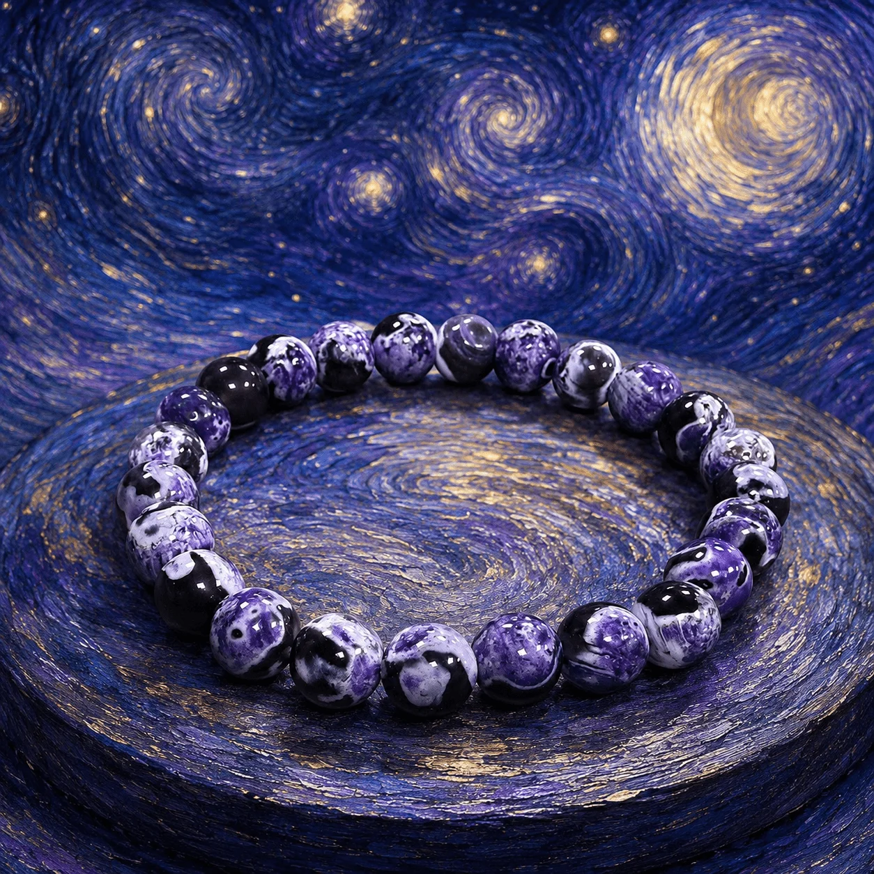 Lila Steinmuster-Perlenarmband; Inspiriert von Ölgemälden, mit abstraktem Kunststil – geeignet für den Alltag. – Detail 1