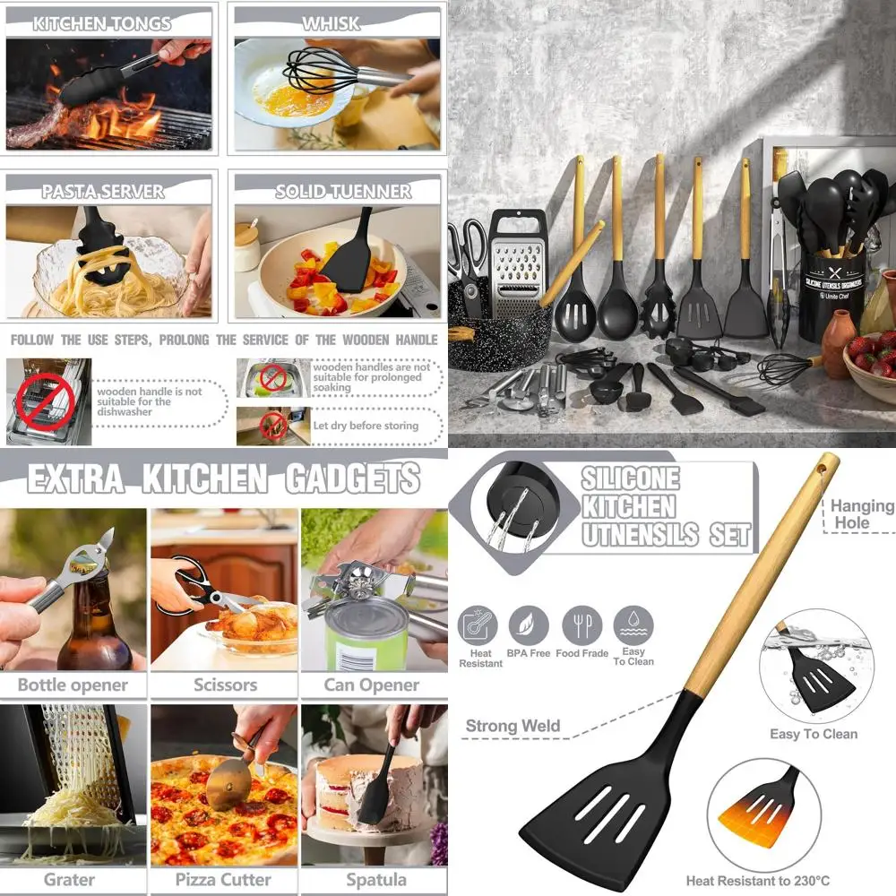 

34-Piece Silicone Kitchen Utensil Set with Holder, Heat-Resistant Spatula Set for Nonstick Cookware, Black Wooden Handled Cookin