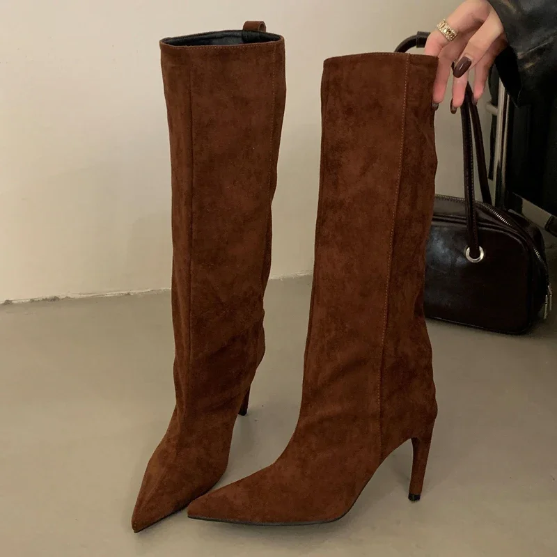 Eilyken 2027 New Winter Punk Pointed Toe Knee High Women Boots Thin Heels Shoes Female Retro Long Booties Zapatos De Muje image 3