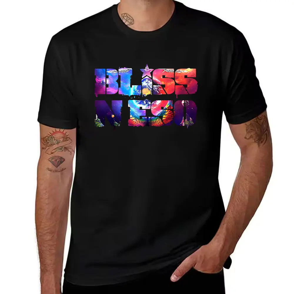 T-shirt à manches courtes en coton pour homme avec imprimé graphique Cosmic Blissness, t-shirts décontractés à col rond pour un usage quotidien