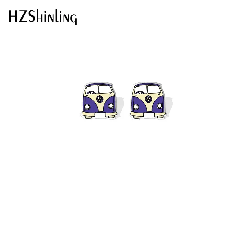 2023 Cartoon Hippie Van Car Acrylic Resin Stud Earrings Epoxy Handmade Jewelry Gifts Friends