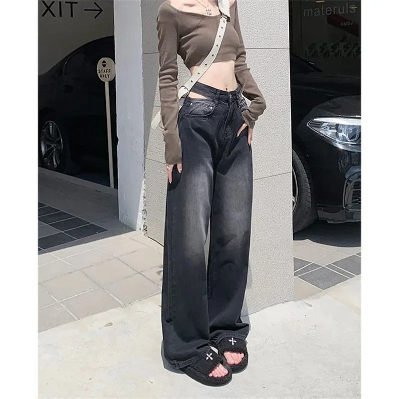 Women's Jeans High Waist Hollow Straight Wide Leg Trouser Design Sense Sexy Spicy Girl Fashion Trend Denim Pants Lady's Clothing