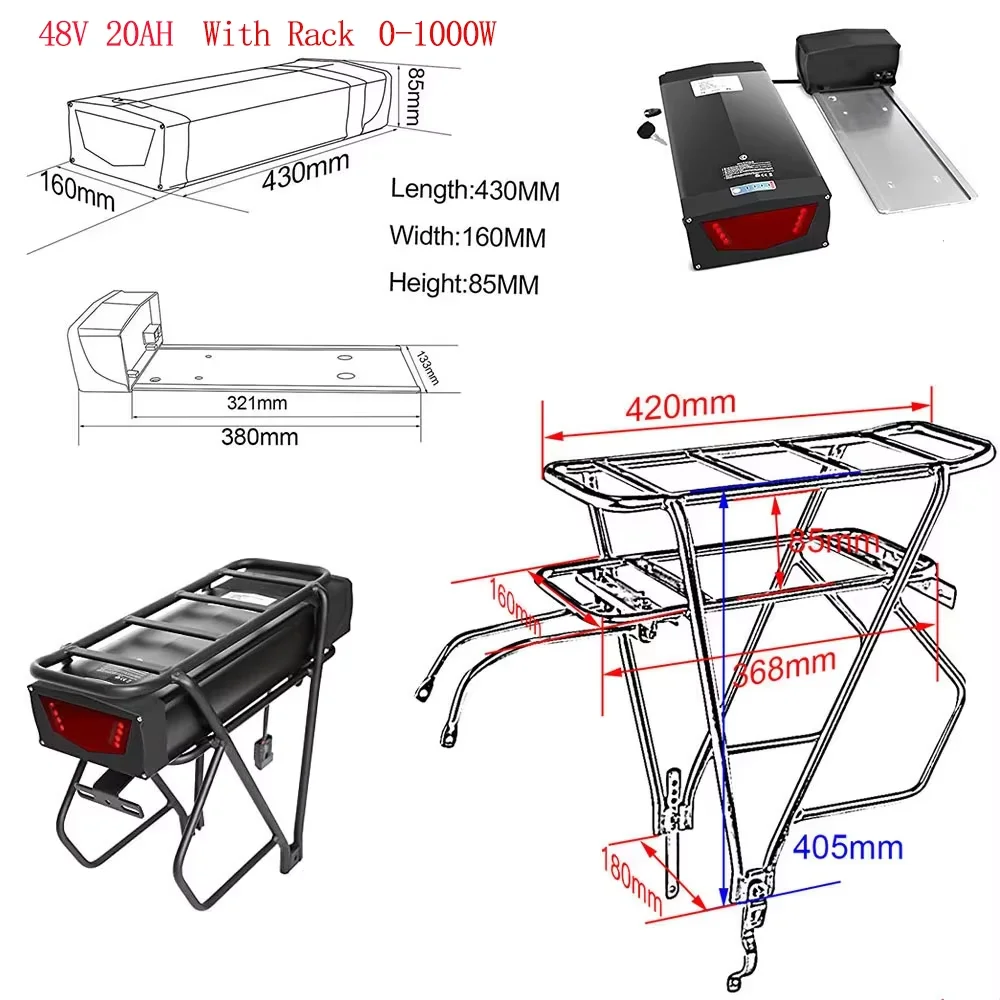 36V21AH Achterdrager E-bike Accu 52V 30Ah Lithium Batterij 18650 21700 48V 14Ah voor Elektrische Fiets 250W 350W 500W 750W 1000W
