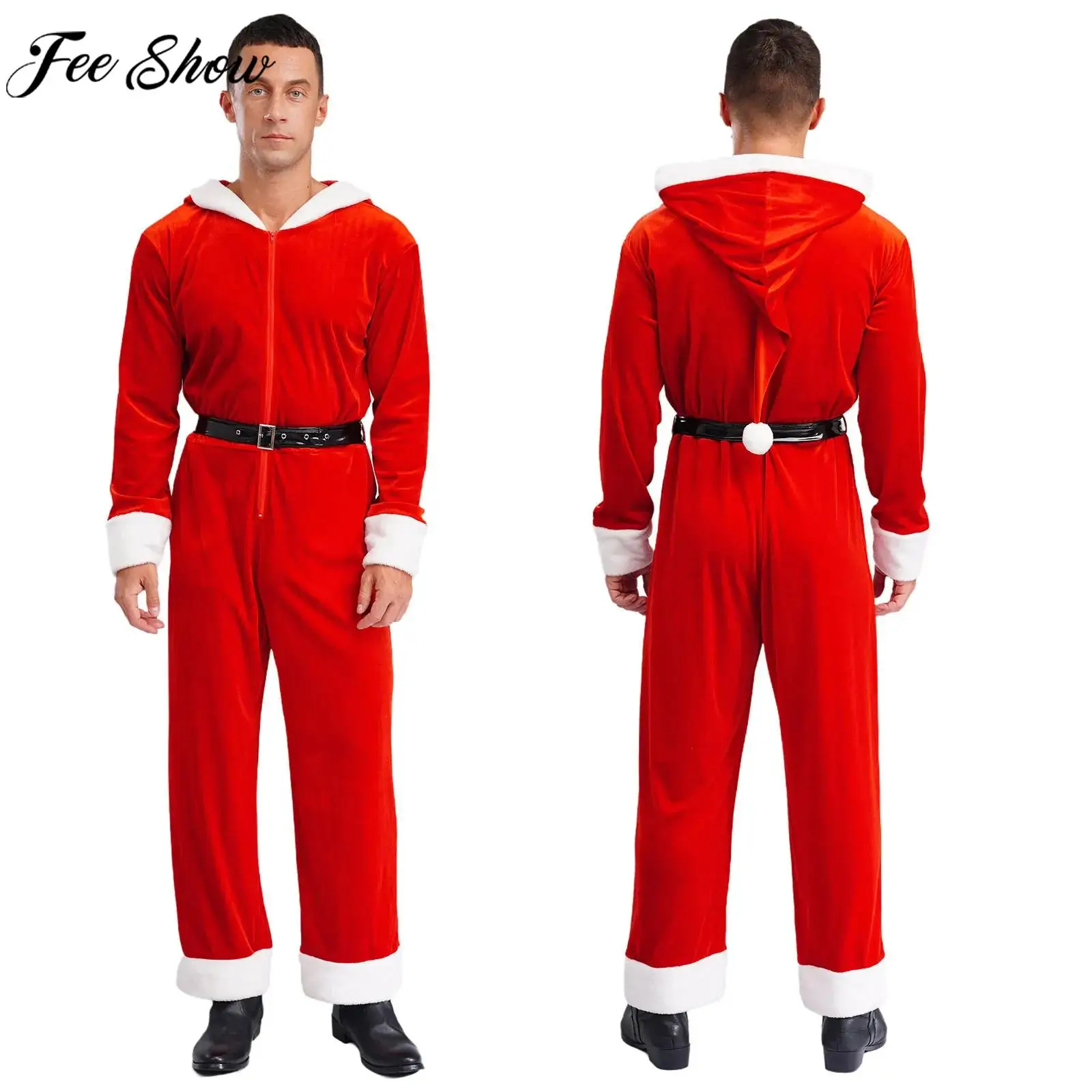 

Men Christmas Santa Claus Hooded Jumpsuit Long Sleeve Velvet Hoodies Bodysuit with Belt Xmas Eve Carnival Party Cosplay Costume