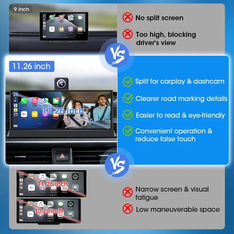 Develuck 11.26 بوصة 4K شاشة CarPlay اللاسلكية أندرويد السيارات مشغل وسائط متعددة مسجل قيادة واي فاي جهاز تسجيل فيديو رقمي للسيارات كاميرا الرؤية الخلفية AUX