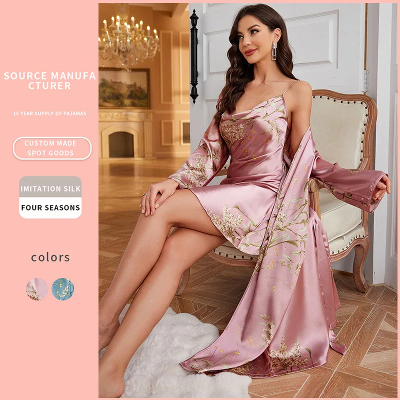 Plus Size 5XL Female 2PCS Robe&Gown Set Nightgown Cherry Printing Long Kimono Bathrobe Gown Sleepwear Sexy Nightdress Homewear - Image 4