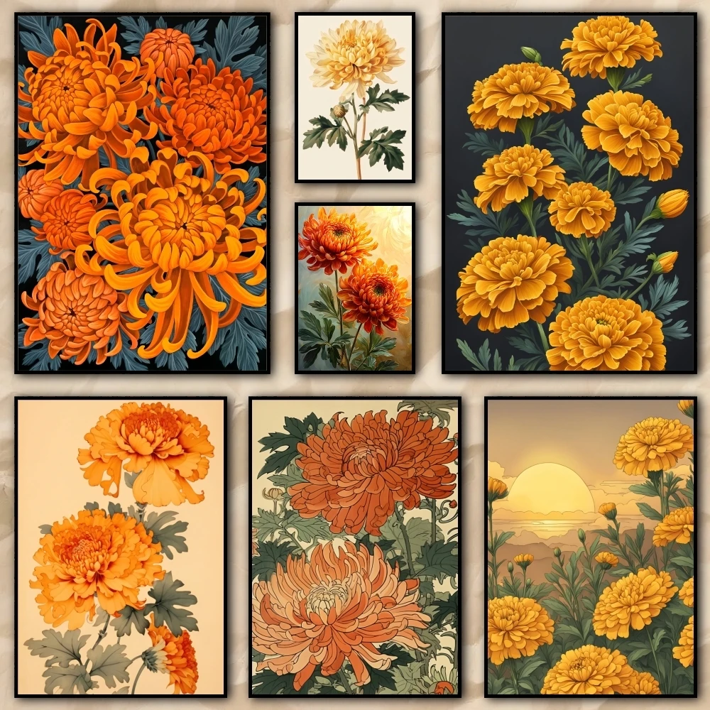 

Yellow chrysanthemum ins Painting Calligraphy pictures Room Home bedroom interior wall decoration Canvas Poster art mural