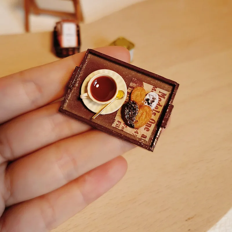 1:12 Afternoon Tea Scene Miniature Models Toy Figurines Ob11 Doll House Accessories Simulation Coffee Butter Cake Decoration