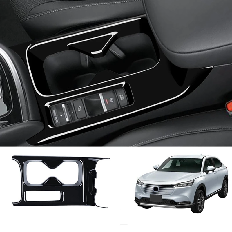 CYL-Car Glossy Black Center Console Water Cup Holder Decoration Cover Trim Stickers for Honda HRV HR-V Vezel 2021 2022 LHD