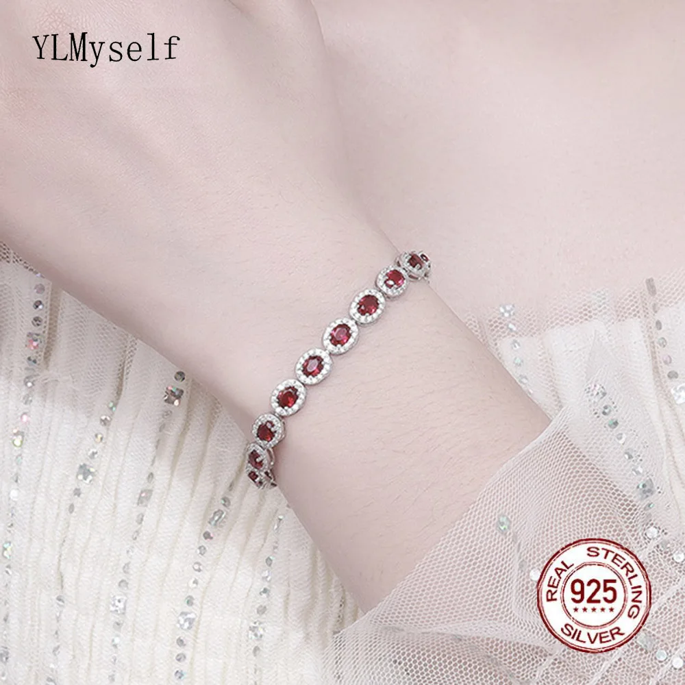 

Solid 925 Sterling Silver Charm Bracelet for Bridal Engagement Party Gift Fine Jewelry 4*5 MM Oval Ruby Sapphire Zircon Bracelet