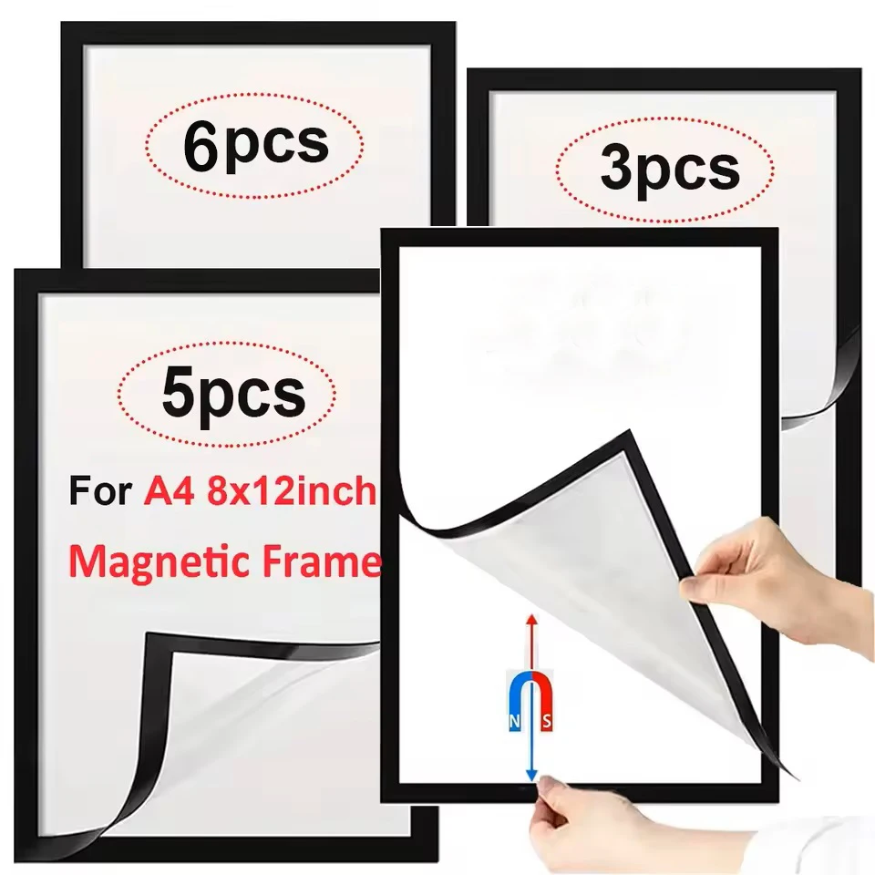 3/5/6pcs Magnetic Plastic Photo Frames Black Gold Silver Picture Frame Self Adhesive Reusable Advertising Poster Display Holder