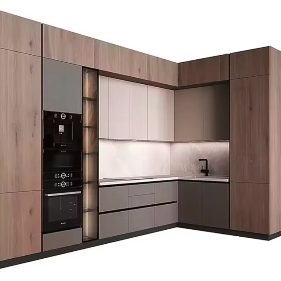 Custom Wooden Kitchen Cabinet Set With Sink And Faucet, Acrylic Lacquer Matte Finish, Modern Modular Design For Apartments