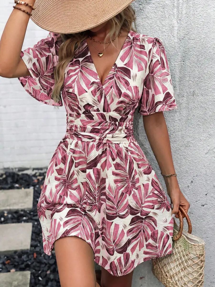 Wandoria Women's Casual Solid Color Waist Ruffle Sleeve Dress, Summer
