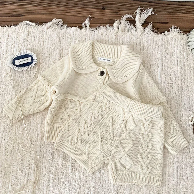 2024 New Autumn Newborn Baby Girls Clothing Set Long Sleeved Solid Color Knitted Cardigan+Shorts Toddler Baby Girl Clothes Suit