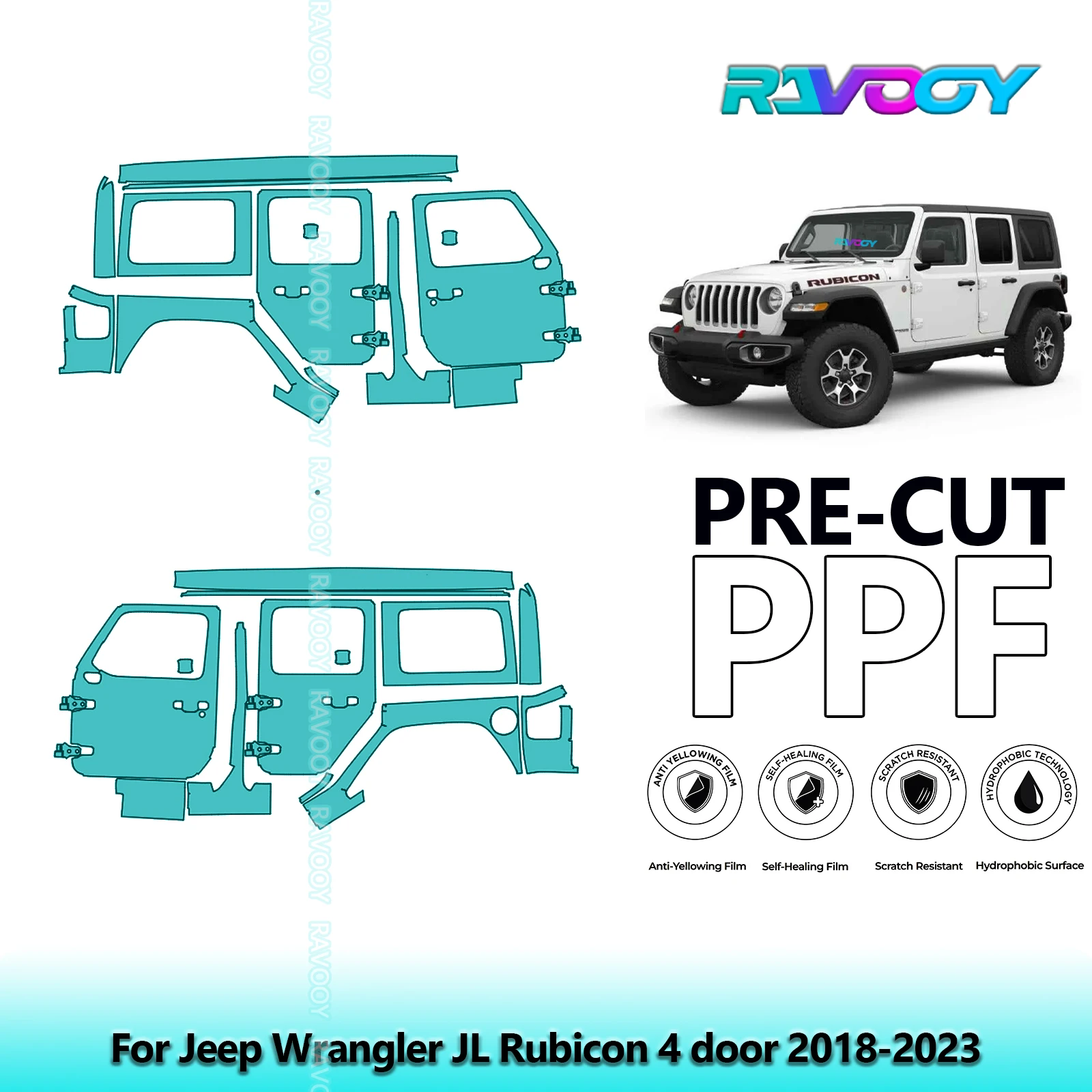 

For Jeep Wrangler JL Rubicon 4 door 2018-2023 8.5mil Clear Matte Pre-Cut PPF Door & A/B Pillar Kit TPU Paint Protection Film Set