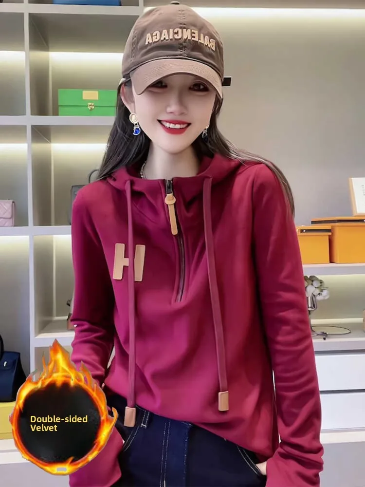 レッド両面 Fce フード付き Dstring スウェットシャツ女性のスリムフィットファイオナブル秋の新しい Sle カジュアル快適なトップ