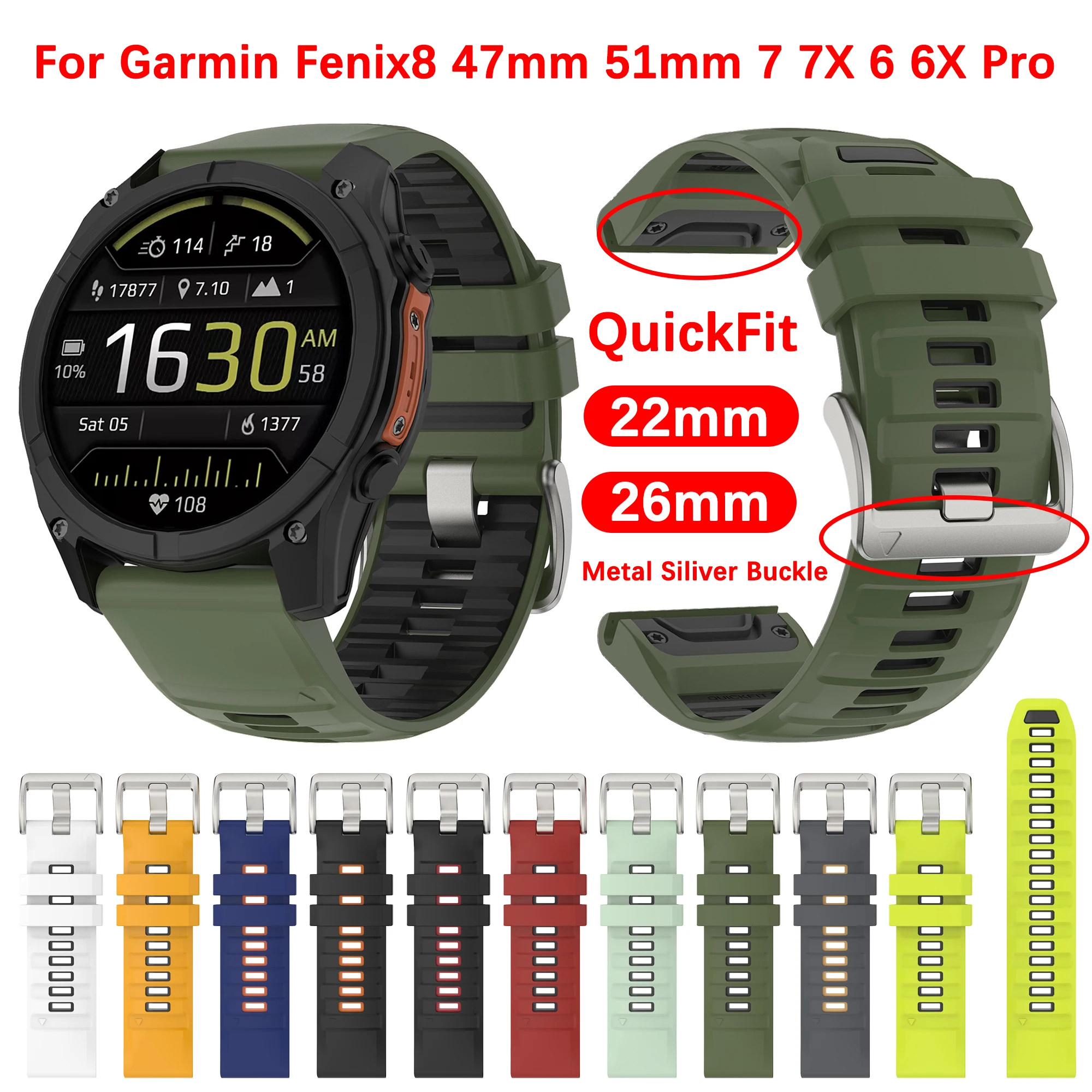 QuickFit 22/26MM Silikon-Uhrenarmband für Garmin Fenix 8 47 51mm Fenix 6 6X Pro Sapphire 7 7X Solar 5X 5 Enduro3 Tactix Armband