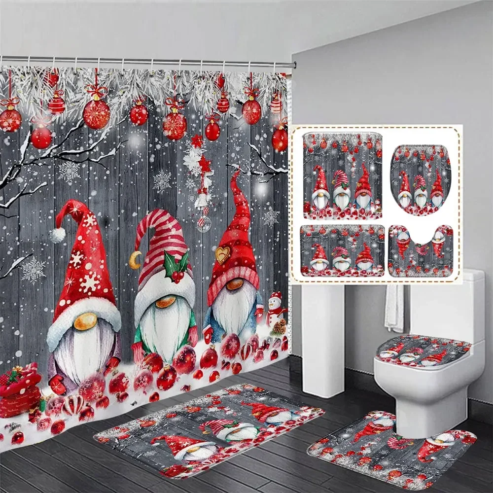 Cute Snowman Christmas Shower Curtain Set Silver Pine Branches Snowflake Xmas Balls Bathroom Decor Rug Bath Mat Toilet Lid Cover