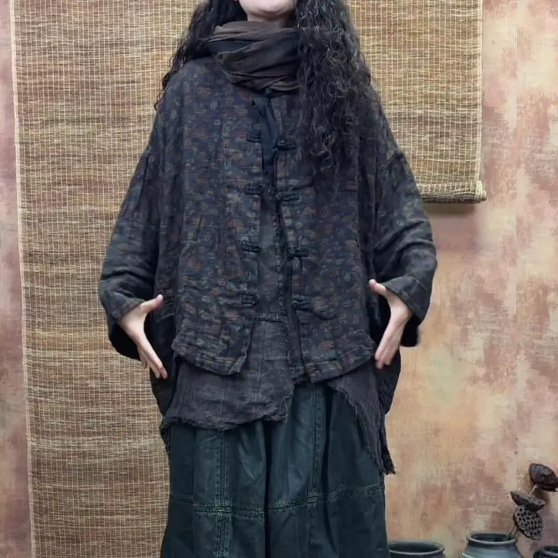 Spring Autumn Arts Style Women Batwing Sleeve Stand Collar Print Jackets Vintage Single Breasted Loose Coats High Quality S452