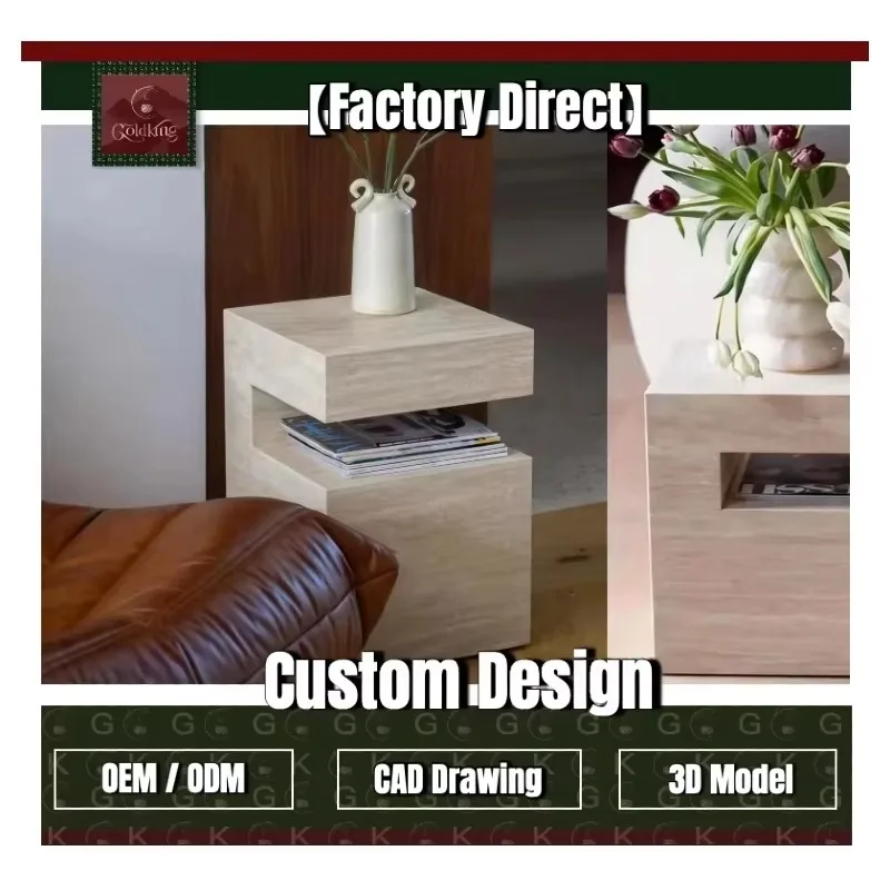 Modern Light Beige Polished Travertine Side Table for Bedroom Living Room Custom Precision Cut
