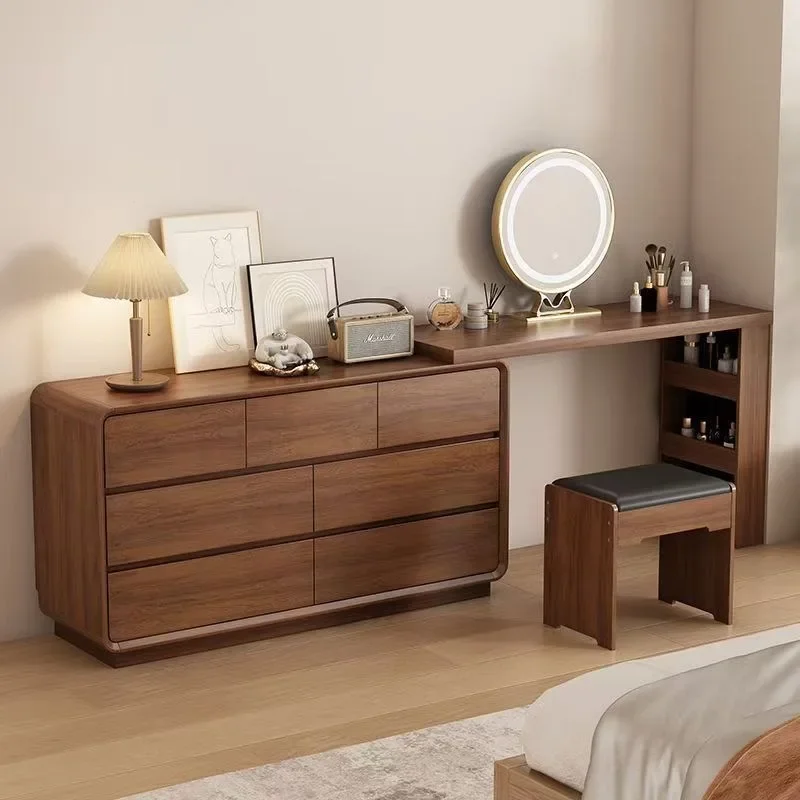 solid wood dresser chest integrated multi-functional storage with makeup stool walnut small apartment corner makeup tablle