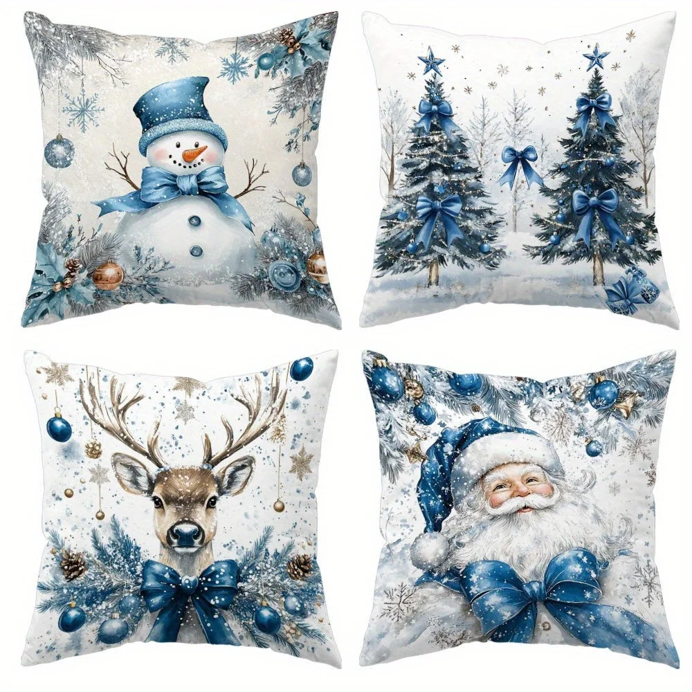 4 fundas  almohada con diseño  Santa Claus, estampado  doble cara, cierre  cremallera, poliéster, coración para sala,