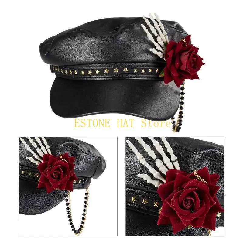 49MF Steampunk Newsboy Cap Halloween Newsboy Hat Steampunk Punk Peaked Cap Leather