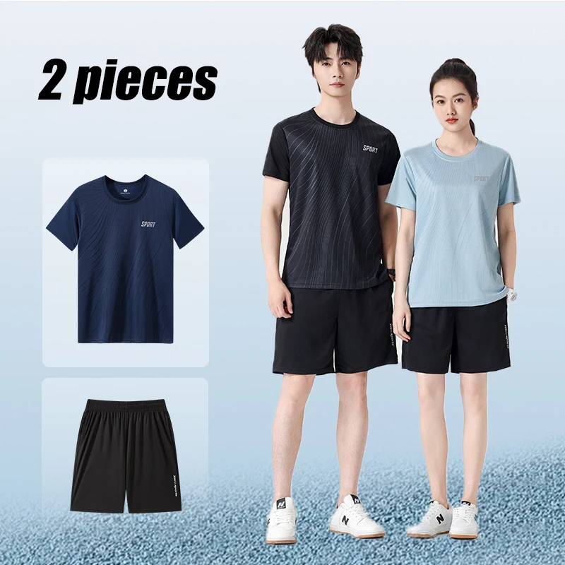 2 Clothes Sportswear Set Casual Fitness Men's Summer Running Loose Short Sleeve T-Shirt Badminton Quick Dry Shorts Women Clothes
