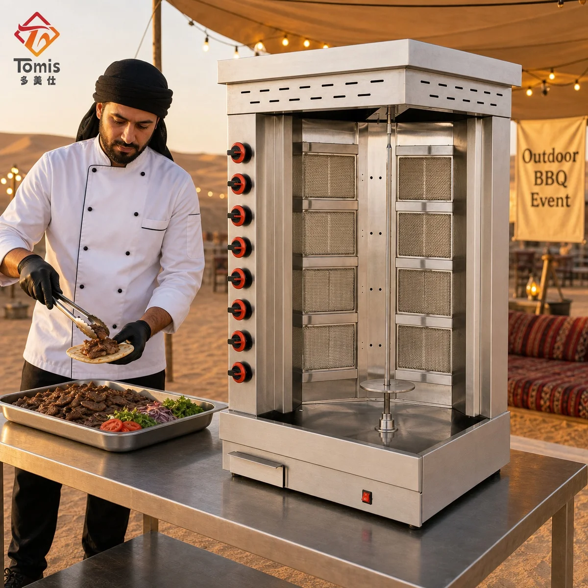 Kebab Shawarma Machine - 業務用ガス式シャワルマグリル、ダブルヘッド、8つのバーナー、ステンレス製、ドネルケバブマシン、中東風、縦型ミートロースター。