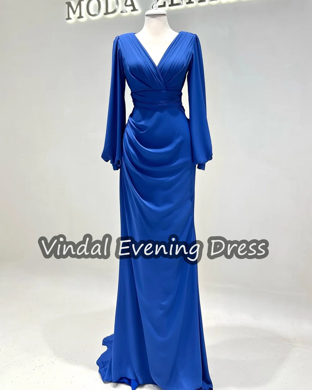 Vindal V-neck Evening Dress Floor Length Mermaid Elegant Ruffle Crepe Built-in Bra Saudi Arabia Long Sleeves For Woman 2024