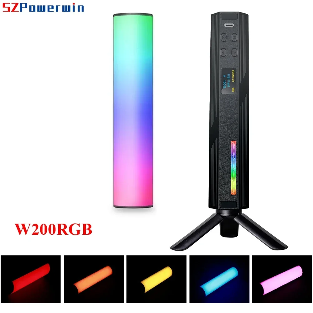 Powerwin W200RGB LED Video Light Rechargeable RGB Handheld Lamp 2500K-9000K Dimmable with Desktop Tripod for Vlog Live Streaming