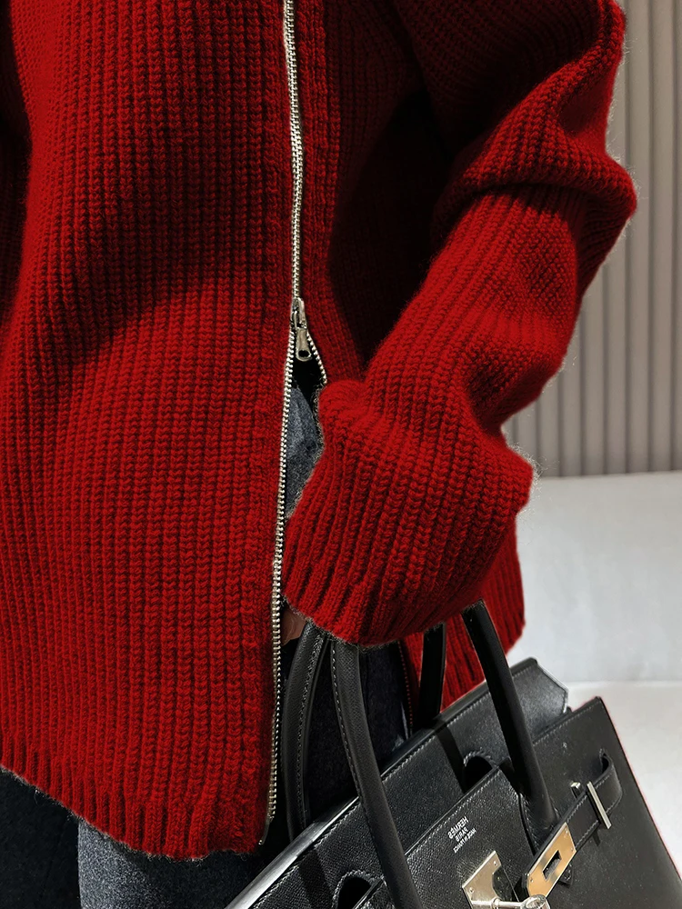 LANMREM Irregular Knitted Pullover Zipper Red Color Long Sleeves Fashion Style Female Outwear Sweater Autumn Winter New 2DB1999