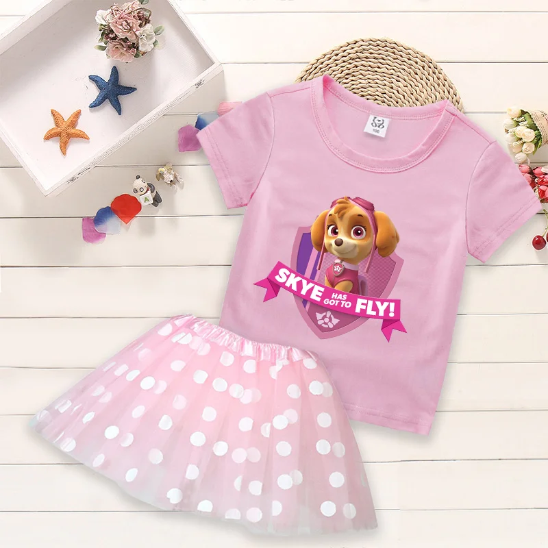 Paw Patrol Kinderen T-Shirt Jurk Cartoon Skye Zomer Modeset Polka Dot Print Ronde Hals Roze Kleding Meisje Verjaardagscadeau