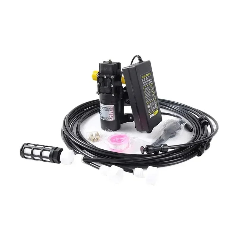 Garden irrigation kit with pump, filter, piping, adapter, nozzle, cable ties, end plugs, buckles, fog cooling system cable ties