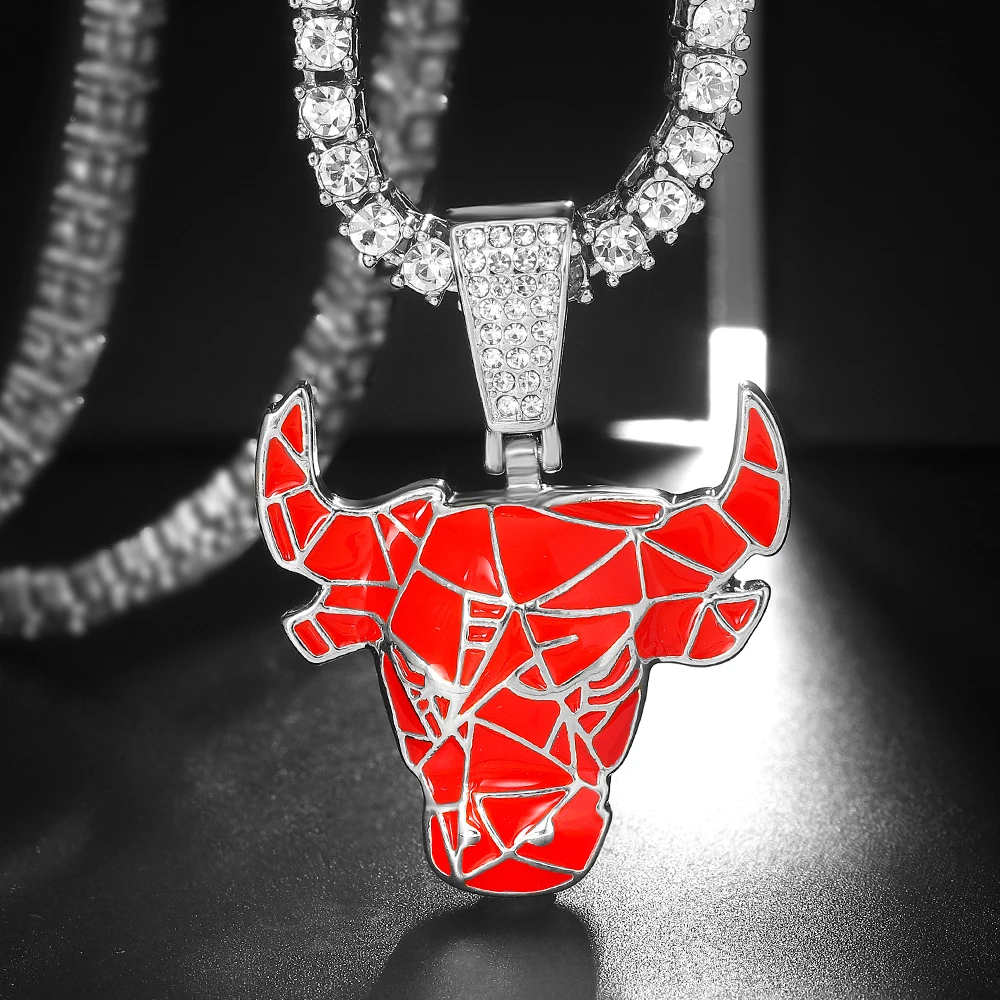 Iced Out Red Bull Pendant Necklace Match 4mm Bling Tennis Chain Animal Face Charm Stylish Jewelry for Men and Women Hip Hop