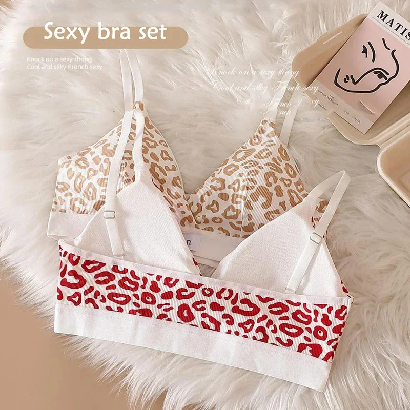 Women Seamless Bra Set Low Waist Panties Leopard Bralette Sexy Lingerie Set Vneck Sport Brassiere Female Cotton Underwear Set