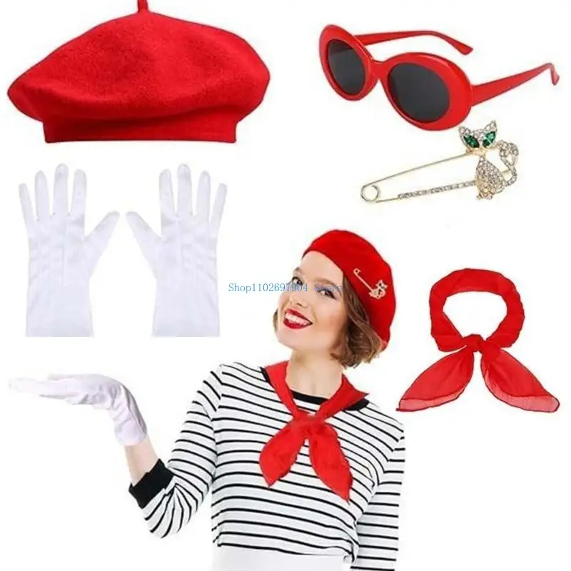 

N7YF 1980s Role Play Outfit Accessory Set with Hat Sunglasses Heart Earrings Gloves Scarf for Women Birthday Themed Party