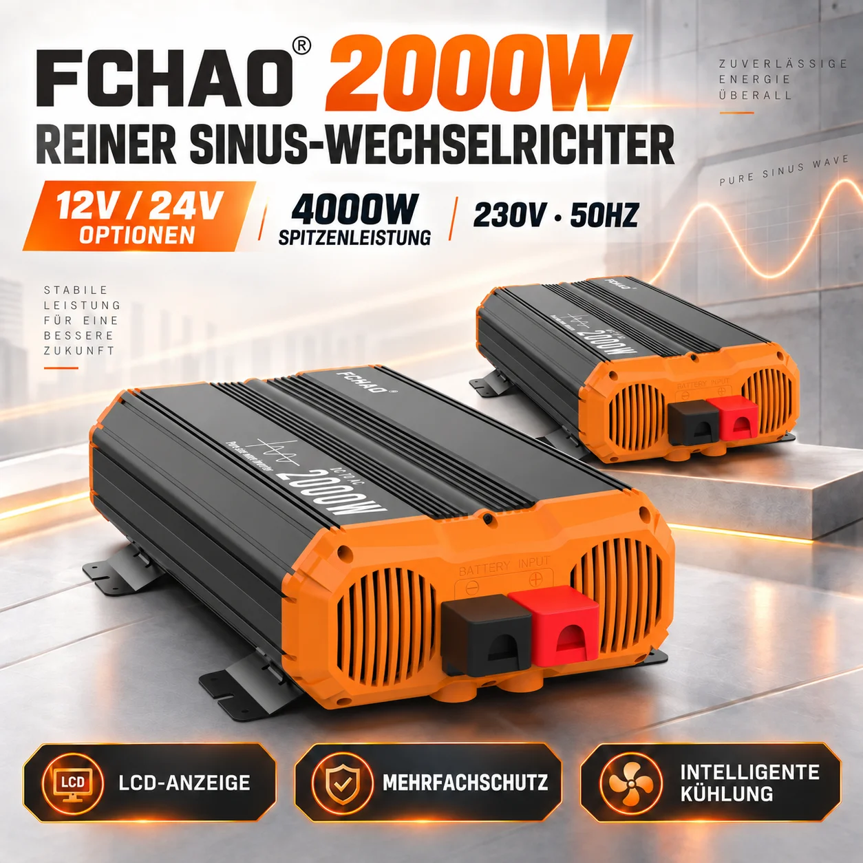 Inverter Fchao a Onda Sinusoidale Pura 2000W2500W3000W3500W da 12V o 24V a 230V AC 50Hz con Display LCD Esterno per Camper, Campeggio e Alimentazione di Emergenza