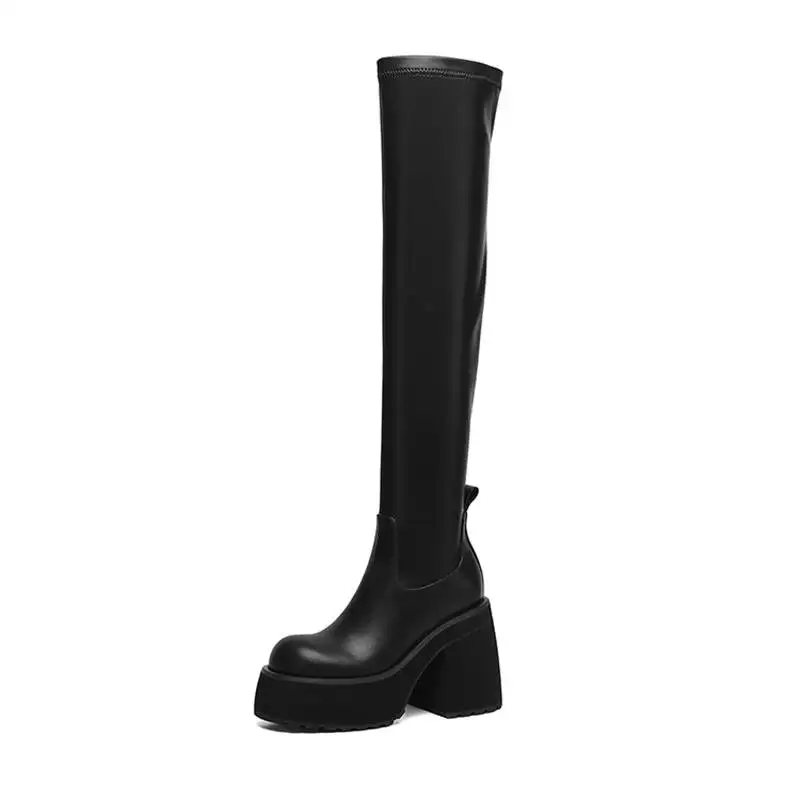Krazing Pot Cow Split Skin Thick High Heels Round Toe Stretch Long Boots Elegant Modern Platform Ins Elastic Over-the-knee Boots