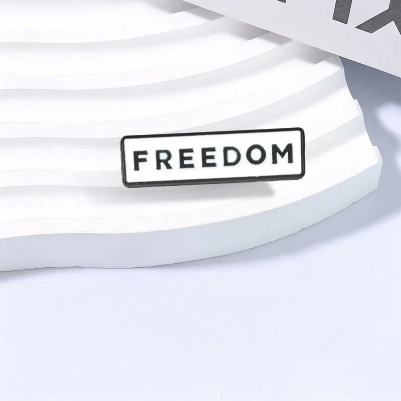 Freedom Slogan Badge Enamel Pins Minimalist Black White Text Metal Brooch Backpack Lapel Badge Cartoon Jewelry Gift for Friends