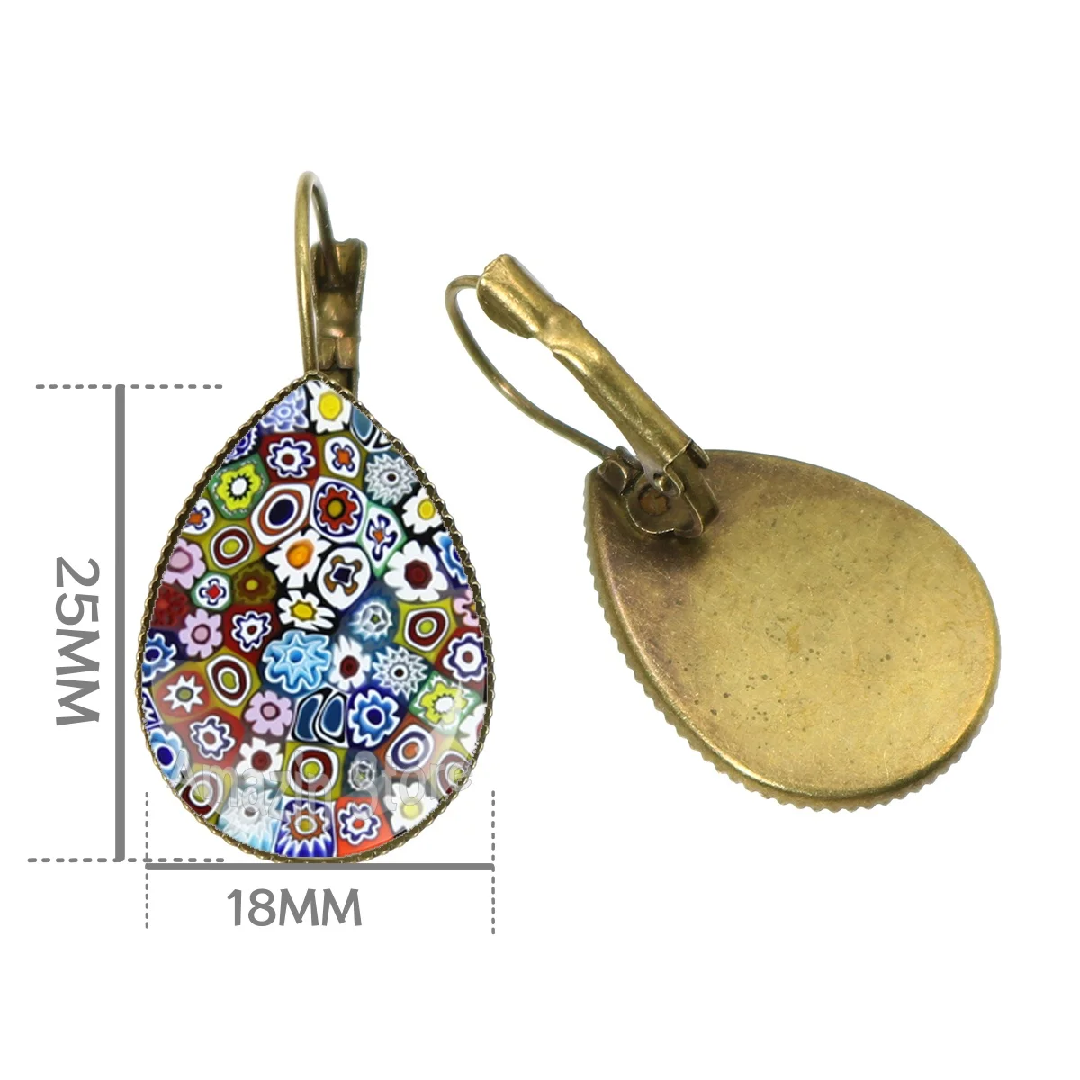Murano Millefiori Countless Flowers Earring Teardrop Shape 18MMx25MM Glass Cabochon Earring Glass Pendant Jewelry