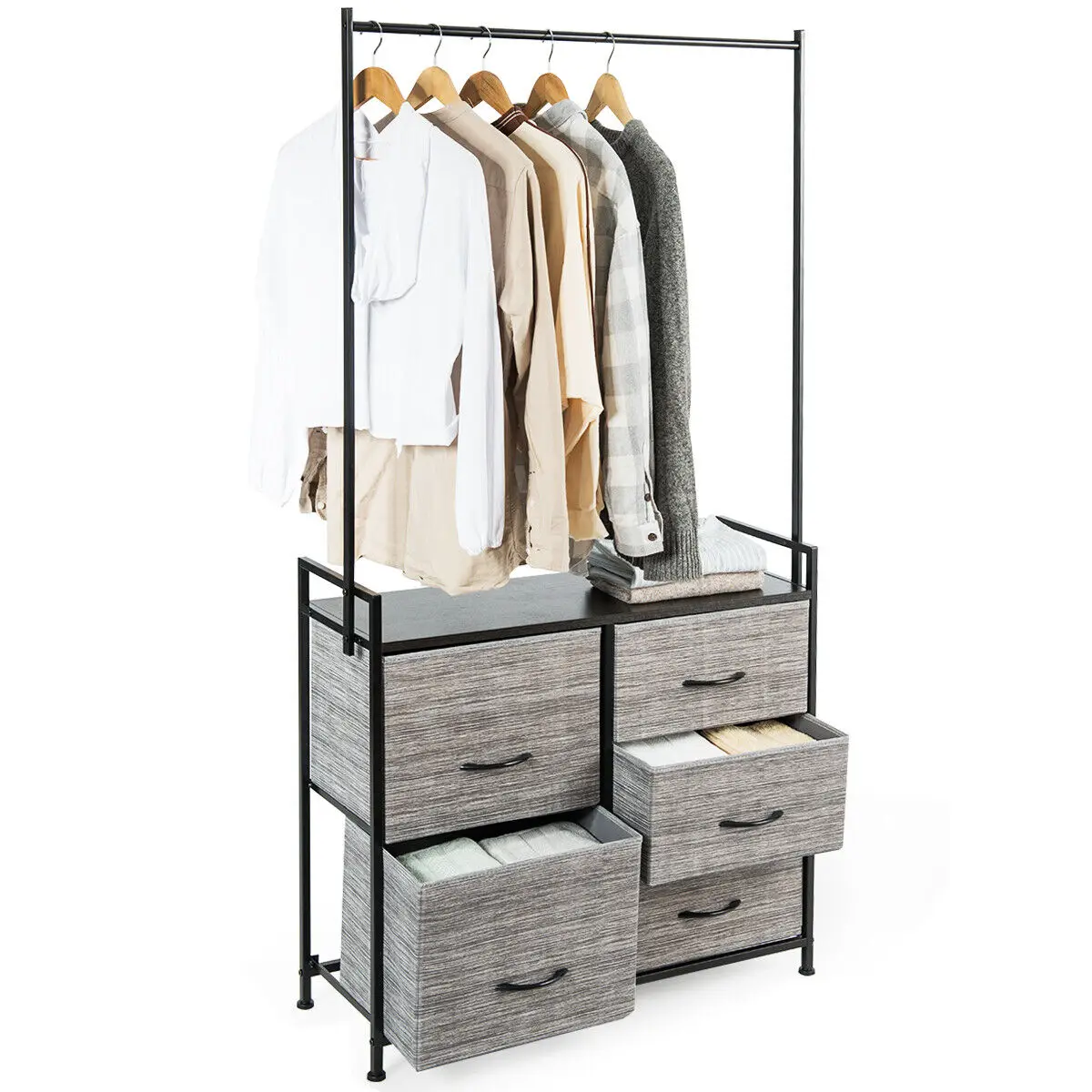 DORTALA Metal Clothes Hanging Rail Coat Shoes Display Wardrobe Closet W/4 Fabric Drawers