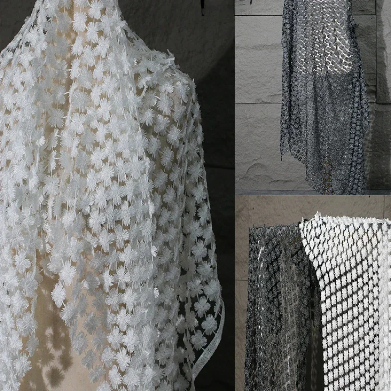 

Black and White Checkered Embroidery High-end Mesh Fabric with Hollowed Out Perspective Background Curtain Dress Fabric