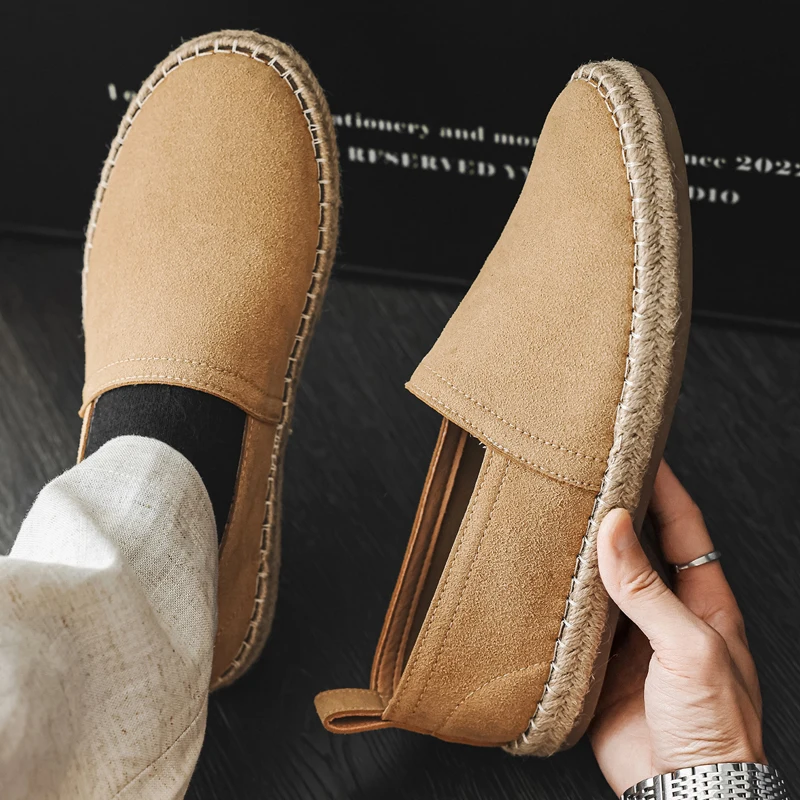 Summer Mens Weave Platform Real Suede Leather Shoes Comfortable Slip on Loafers Handmade Vintage Breathable Casual Shoes Colors
