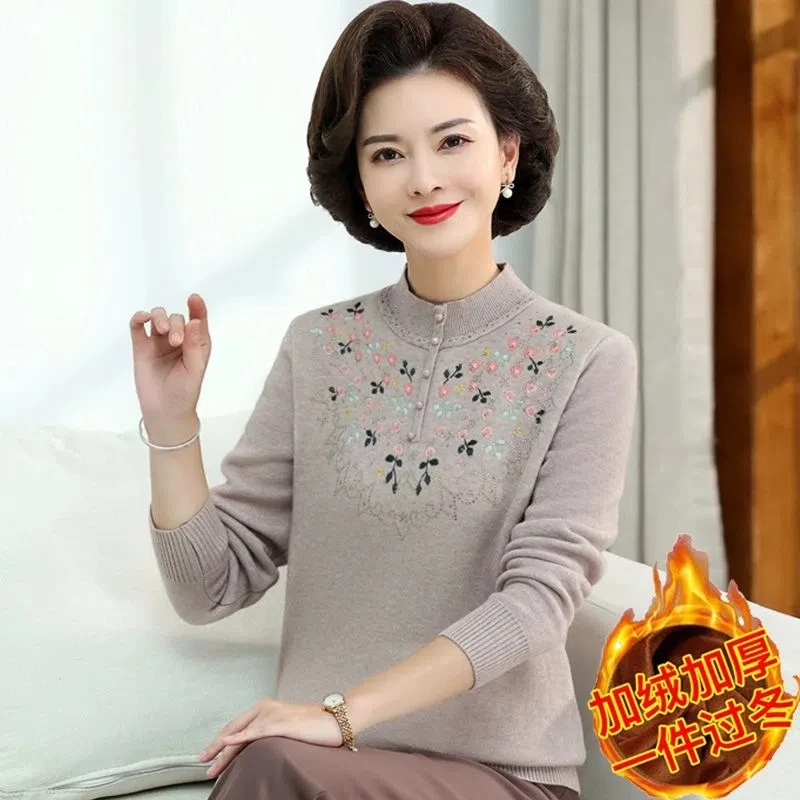 Middle-Aged Women\'s Spring Autumn Clothes Fashion Knitted Sweater 2022 Mother\'s Plush And Thicken Sweater Pullover Loose Top