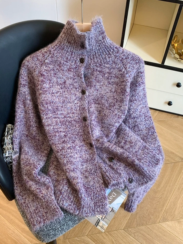 

Женский зимний повседневный кардиган с высоким воротником, свободного кроя, с цветочным узором, на пуговицах, утепленный, вязаный, в стиле оверсайз