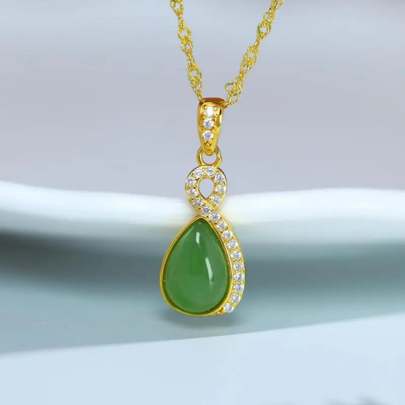 Genuine China Nephrite Stone Green Hetian Jade 925 Silver Zircon Waterdrop Pendant Necklace Women Certified Jewelry Elegant Gift