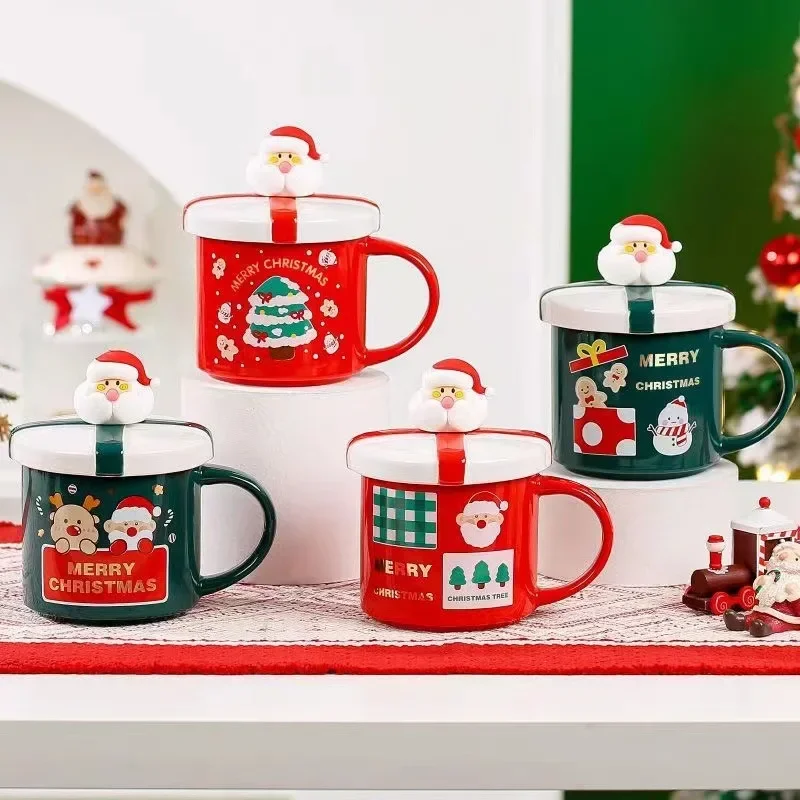 

Cartoon Christmas Ceramic Mug with Lid and Spoon for Office Coffee Drinking Water Mugs Couple Cups Valentine's Day Holiday Gifts