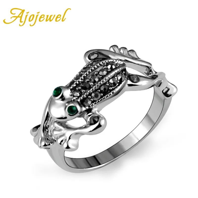 Ajojewel Black Rhinestones Jumping Frog Ring Animal  Jewelry Natural Style Fashion Gifts